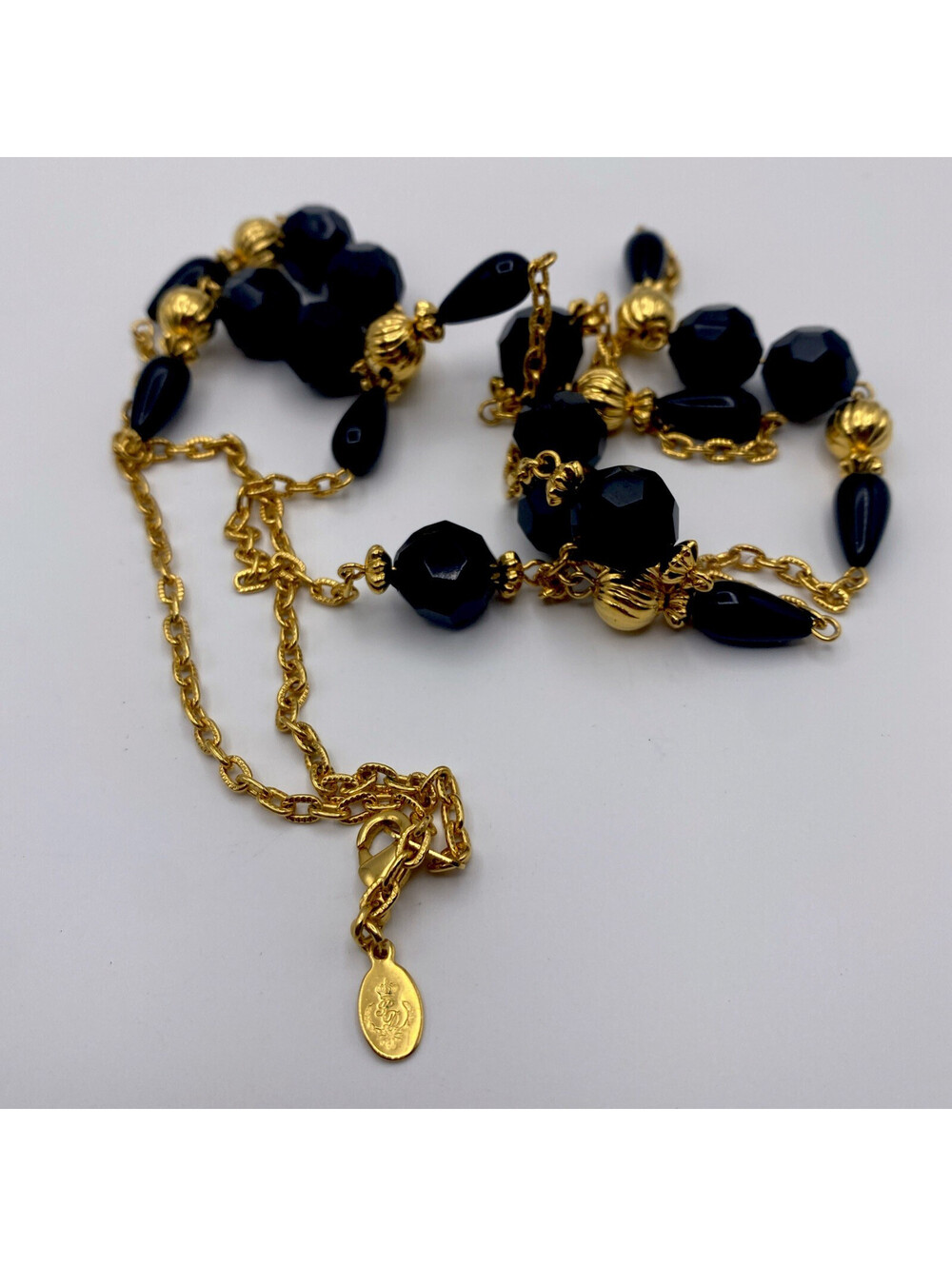 Premier Designs Single Strand Long Beaded Black & Gold-Tone Retro Necklace Sz 36